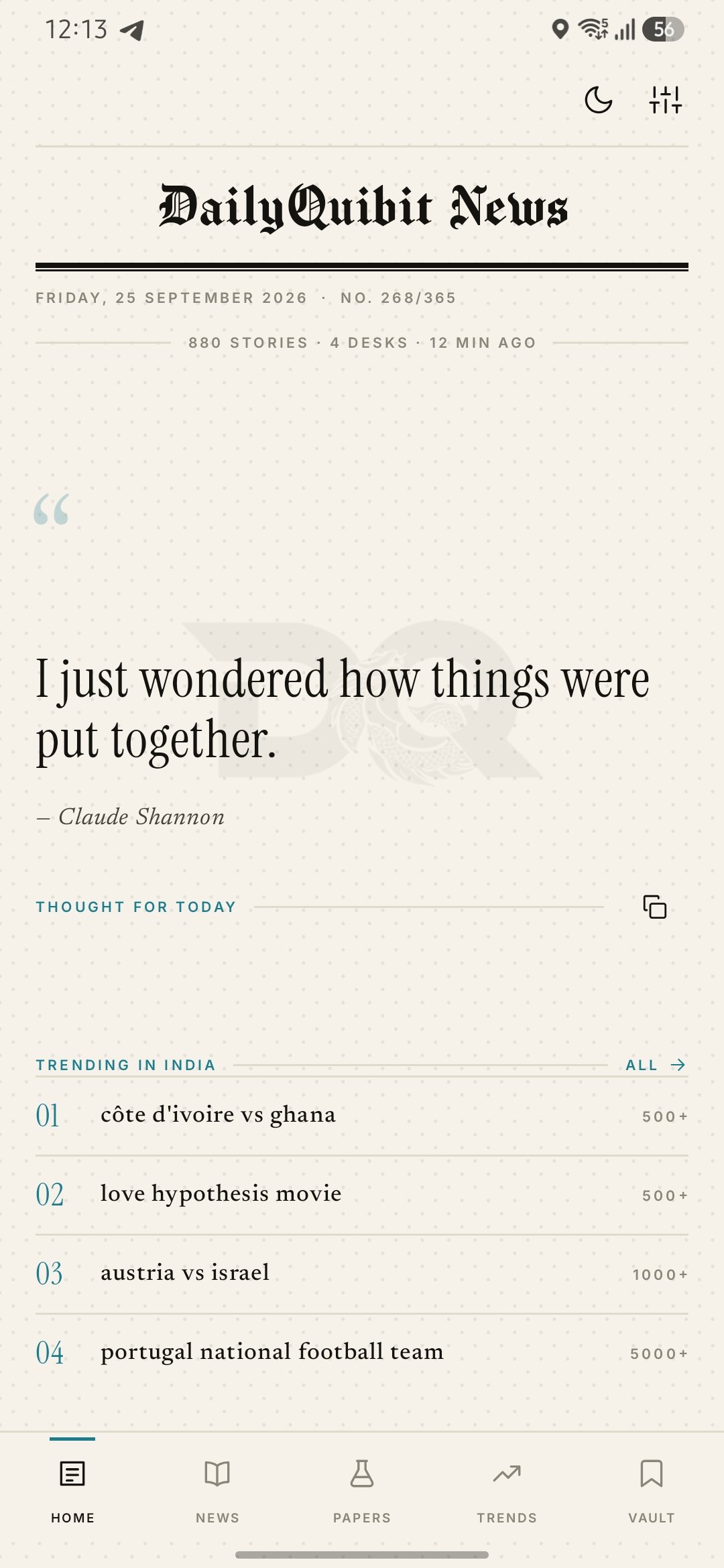 Daily Qubit Android app home screen with daily quote